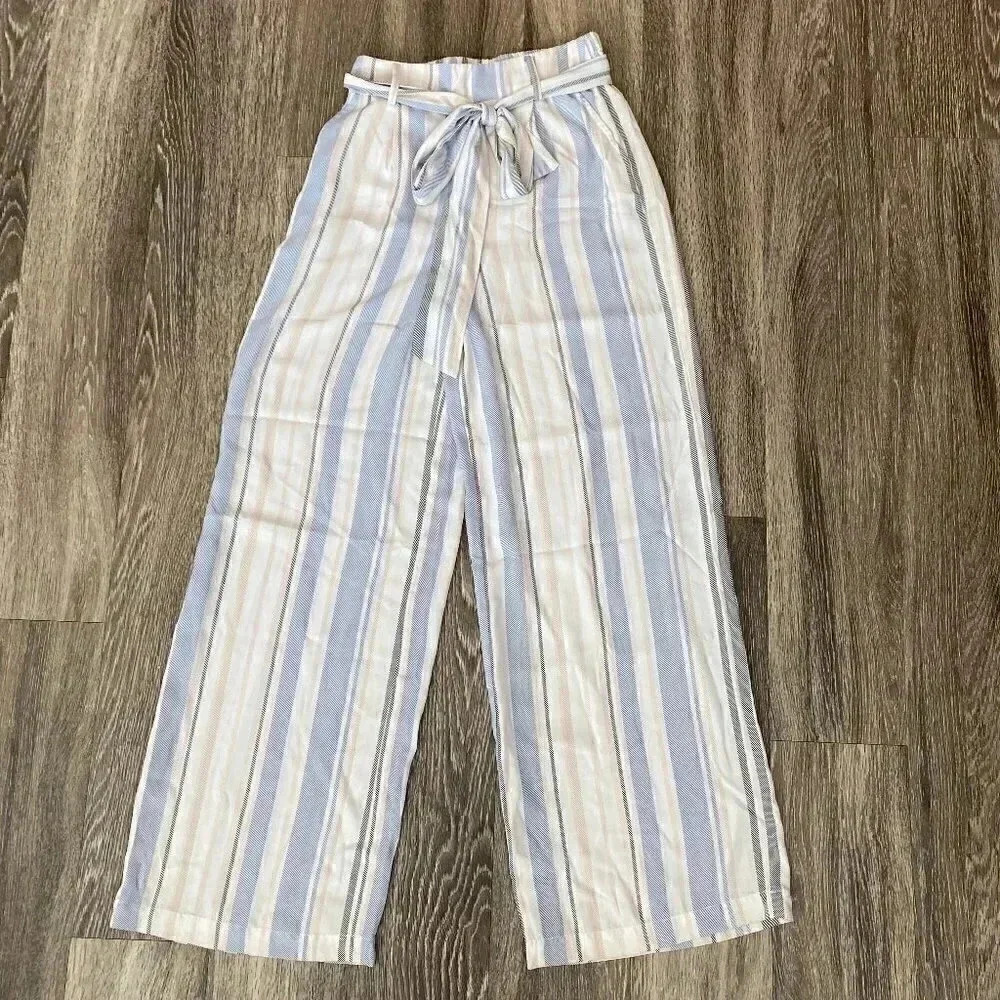 Striped Wide-Leg Tie-Waist Pants - Light Blue & Cream